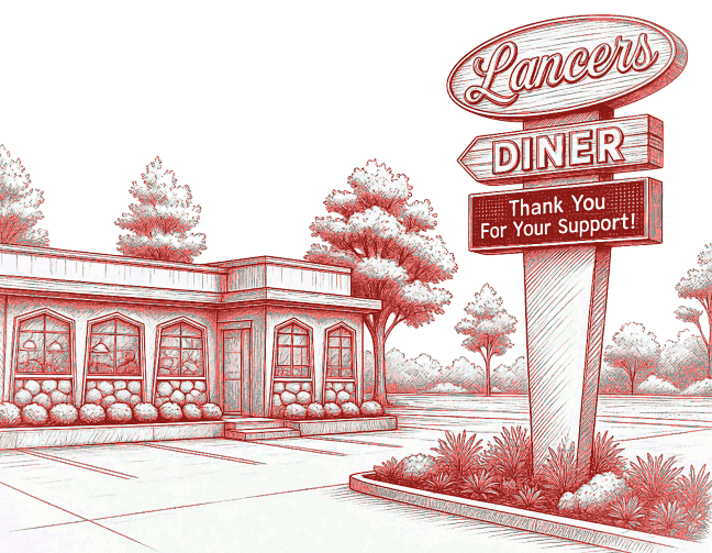 Pen-and-ink drawing of Lancers Diner and its roadside sign from the parking lot